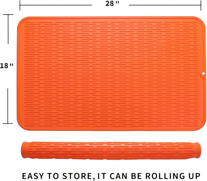 Silicone Dish Drying Mat for Multiple Usage,Easy clean,Eco-friendly,Heat-resistant Silicone Mat for Kitchen Counter or Sink,Refrigerator or Drawer Liner Orange 3XL 28 inches x 18 inches