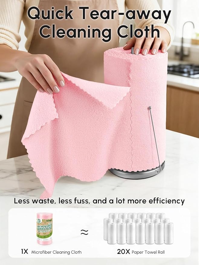 Microfiber Cleaning Cloths Roll, 75 Pack Tear Away Microfiber Towels Roll, 12" x 12" Lint Free Rags, Reusable Cleaning Cloths, Washable, Scratch Free,Ultra Absorbent Dish Rags(Pink)