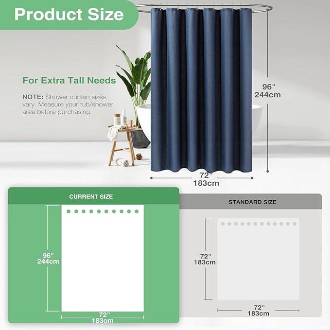 Dynamene Extra Long Shower Curtain,96 Inch Long Waffle Weave Heavy Duty Thick Fabric Bathroom Shower Curtain, Neutral Weighted Hotel Bath Curtain Set with 12 Plastic Hooks,72x96,Navy Blue
