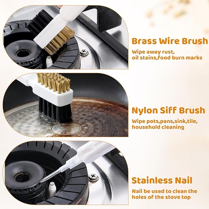 Kitchen Cleaning Scrub Brush, 4-in-1 Deep Gas Stove Top Cleaner With Brass Wire Brush, Stiff Bristles & Cooktop Scrape, Range Hood Grease Grime Rust Cleaner for Pot Pan Household Cleaning Tool