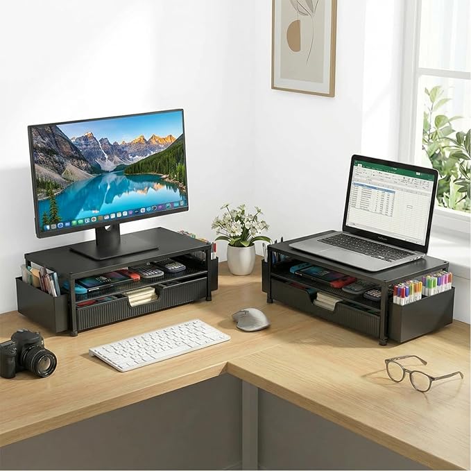 Desk Organizer and Accessories, 2-Tier Computer Monitor Stand Rise with Storage Drawer & 2 Pen Holders, Laptop & Printer Stand for Desktop, Workspace Organizers for Office Supplies (Black)