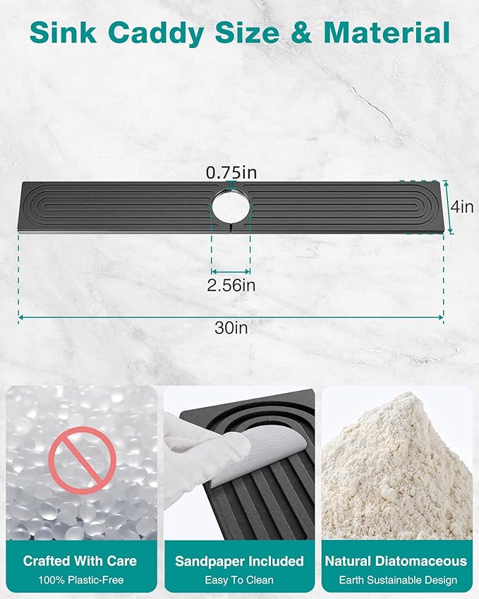 Stone Faucet Mat for Kitchen Sink, Diatomite Sink Protectors - Prevent Moisture Drying Stone Tray Fit Kitchen Counter & Bathroom Counter (Dark Gray, 30" x 4")