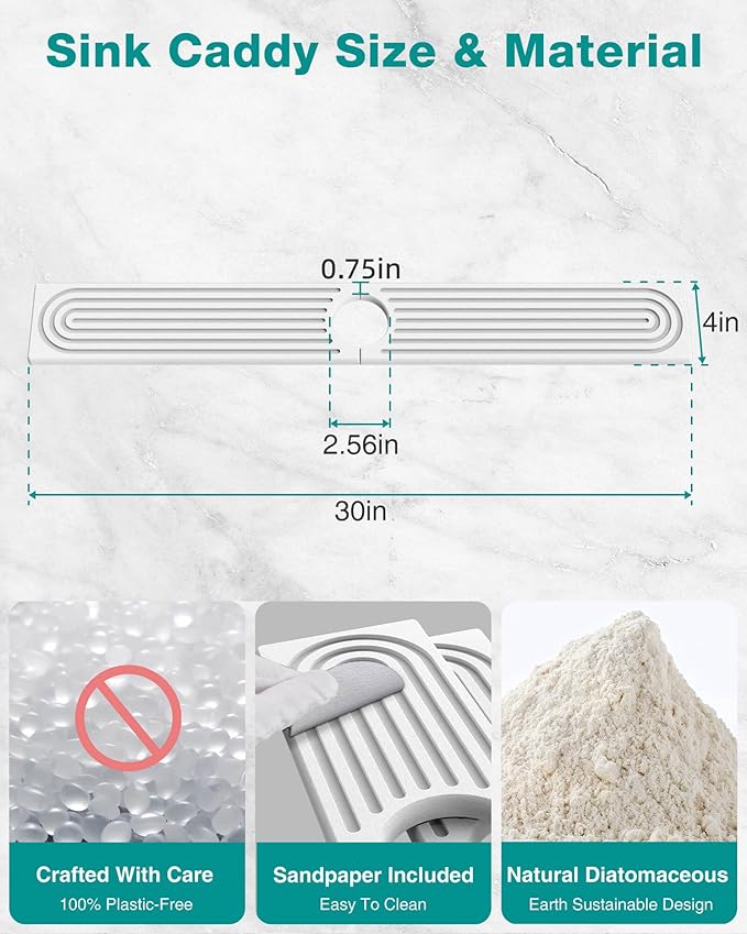 Stone Faucet Mat for Kitchen Sink, Diatomite Sink Protectors - Prevent Moisture Drying Stone Tray Fit Kitchen Counter & Bathroom Counter (White, 30" x 4")