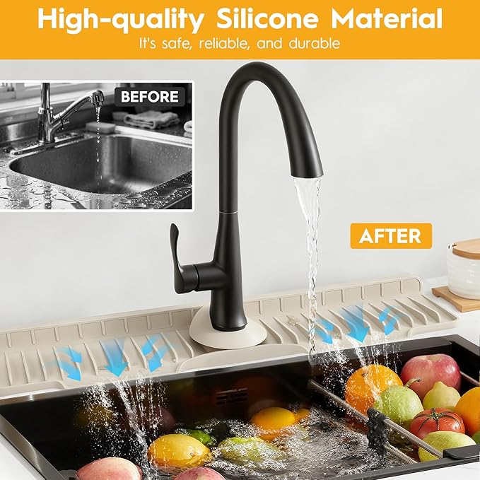 16" Silicone Faucet Mat for Kitchen Sink Released in 2025/12TH,8° Slope Fast Self-draining-Kitchen Sink Splash Guard,Bathroom Kitchen Sink Area Water Splash Guard Behind Faucet Draining Mat Beige