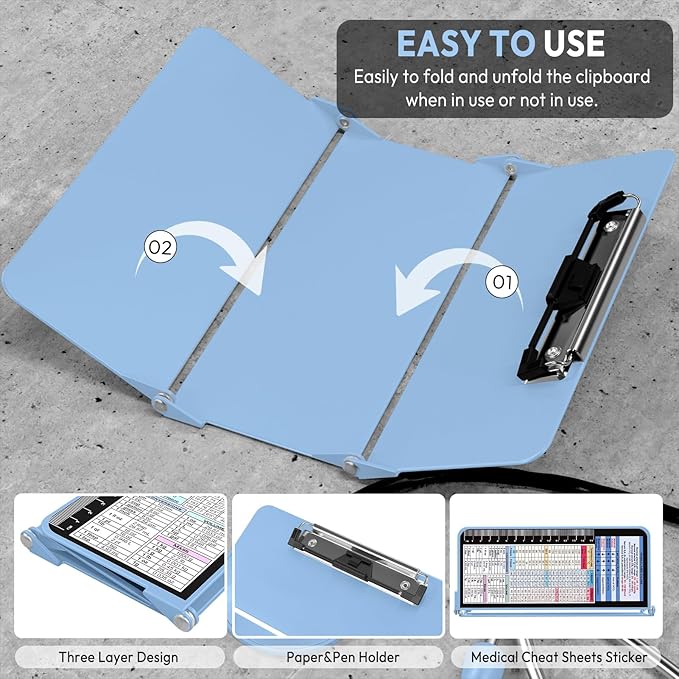 Nursing Clipboard Foldable, Foldable Clipboard w/Nursing Edition Cheat Charts,3 Layers Aluminum, Nurse Clip Board w/Low Profile Clip&Pen Clip Pocket for Nurses and Doctors,Light Blue