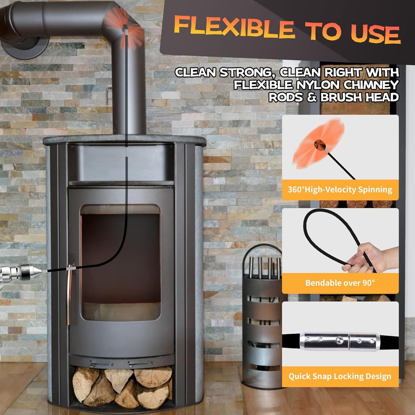 33 Feet Chimney Sweep Kit, Chimney Cleaning Kit with 10 Flexible Black Chimney Rods, Chimney Brush for Sweeping Fireplace, Rotary Chimney Cleaning System Driven by Drill