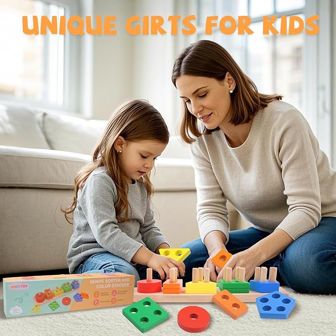 Montessori Toys for 1 2 3 Year Old - Wooden Baby Stacking Toys Sensory Educational Shape Sorter Color Sorting Toy for Toddlers 1-3, Preschool Learning Birthday Gifts for Baby Girls Boys Kids