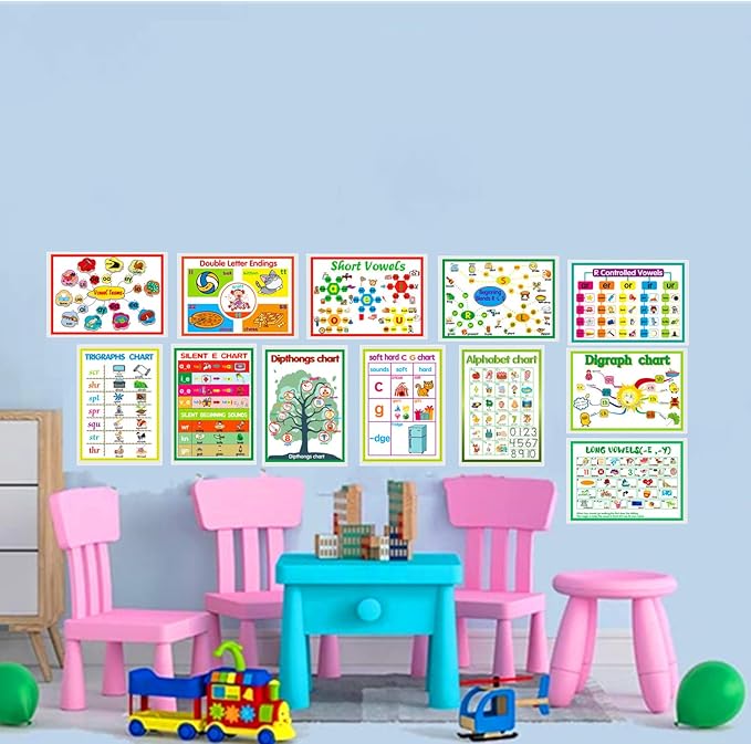 12 English Phonics Language Arts Skills Charts for Toddlers| Learning Vowels Anchor Posters, Sight Words Poster Alphabet Bulletin Board for Home,Kindergarten,Primary School,Classroom Decor(8.2x 12'')