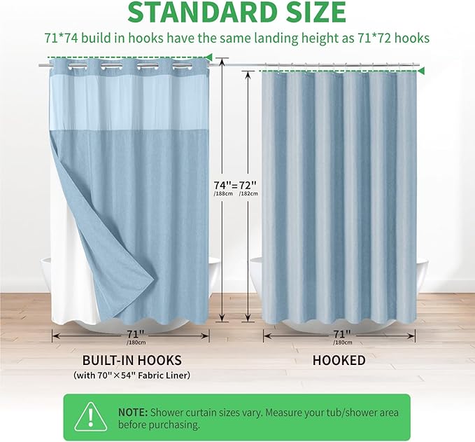 No Hooks Needed Linen Textured Shower Curtain with Snap-in Fabric Liner Set,Hotel Luxury Decor Waterproof Shower Curtains for Bathroom with Mesh Top Window,Washable,71Wx74H,Fog Blue