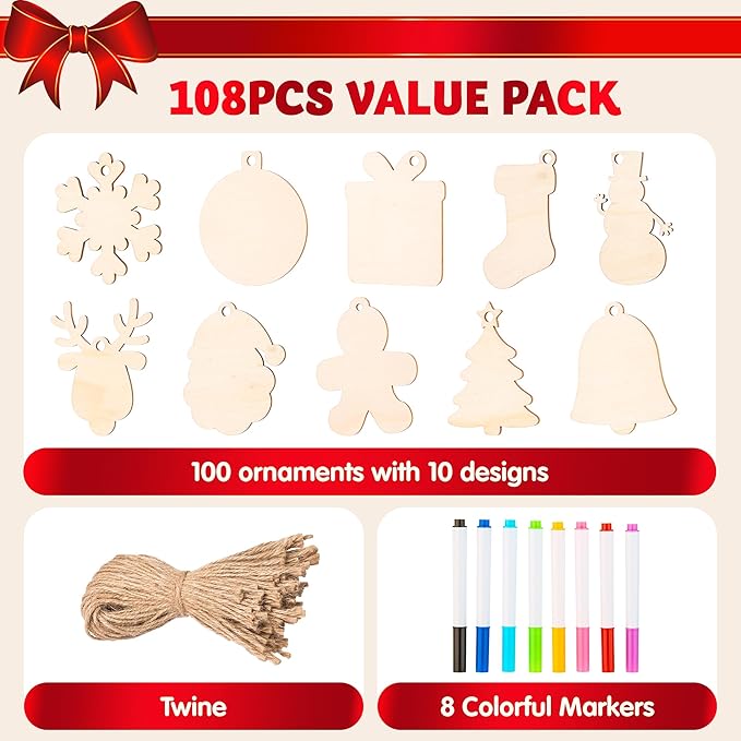 JOYIN 100 Pcs Christmas Wooden Ornaments Crafts to Paint, Unfinished Wood Painting Kits with 8 Watercolor Pens for Kids, Make Your Own DIY Hanging Ornament for Xmas Tree Decor Party Supplies (Age 8+)