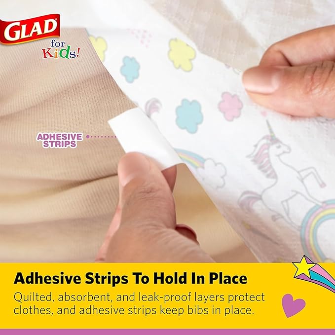 Glad for Kids Unicorn Disposable Paper Bibs with Crumb Catcher, Absorbent Leakproof Bibs for Toddlers and Babies, Mess Free Feeding, Crafts, Parties, and Travel Use, 30 Count - 24 Pack