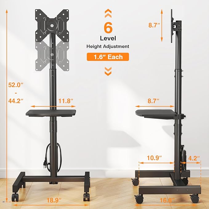 TVON Floor TV Stand with Power Outlet for 13-50 inch TVs up to 55 lbs, Height Adjustable TV Mount Stand with Tilt and Rotat, Max VESA 200x200mm