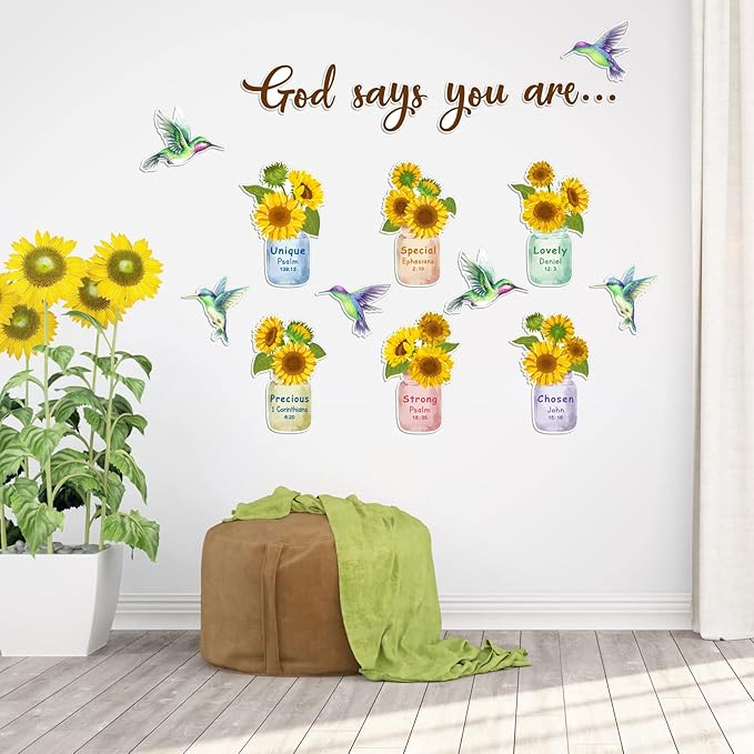 Outus 28 Pcs Sunflower Bulletin Board Set Spring Religious Bulletin Board Decorations Inspired Christian Flower Cutouts Hummingbird God Says You are Wall Art for School Classroom Teacher Kids