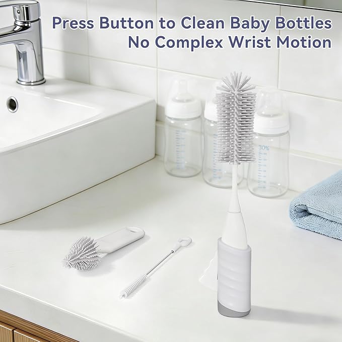 Bottle Brush Set, Innovative Efficient Press-to-Spin Brush Cleaner - Includes Silicone Baby Bottle Brush, Nipple Brush, Straw Cleaner - Spinning Generates Rich Foam for Deep Cleaning, Gray