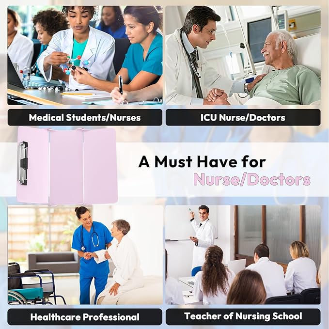 Nursing Clipboard Foldable, Foldable Clip Board w/Nursing Edition Medical Charts,3 Layers Aluminum, Nurse Note w/Low Profile Clip&Pen Clip for Students, Nurses and Doctors, Baby Pink