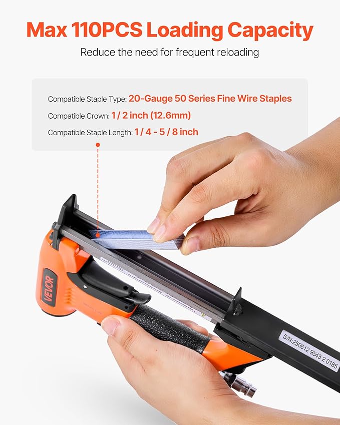 VEVOR Pneumatic Staple Gun, 20 Gauge Air Upholstery Stapler for 50 Series Fine Wire Staples 1/2" Crown 1/4"-5/8" Length, Max 110PCS Loading Air Staple Gun for Upholstering, Woodworking, DIY Projects