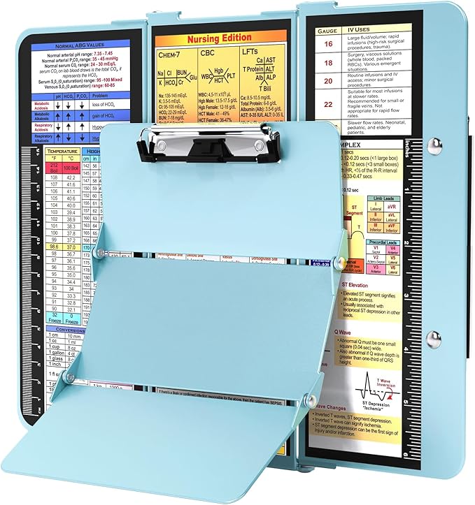 Nursing Clipboard Foldable, Foldable Clip Board w/Nursing Edition Cheat Charts, 3 Layers Aluminum, Nurse Board w/Low Profile Clip&Pen Clip Pocket for Students, Nurses and Doctors, Mint