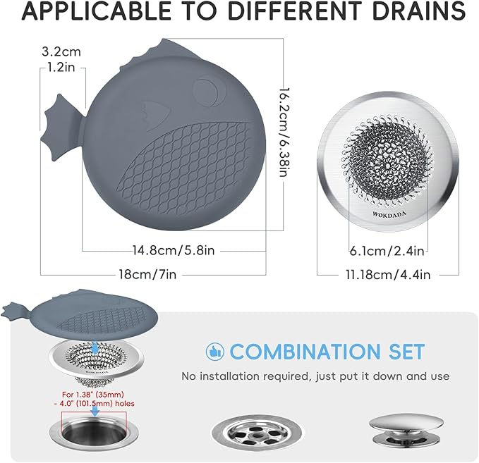 Bathtub Drain Hair Catcher, Wokdada Fast Drainage Shower Drain Hair Catcher, Reversible 304 Stainless Steel Drain Protector with Silicone Stopper for Bathroom