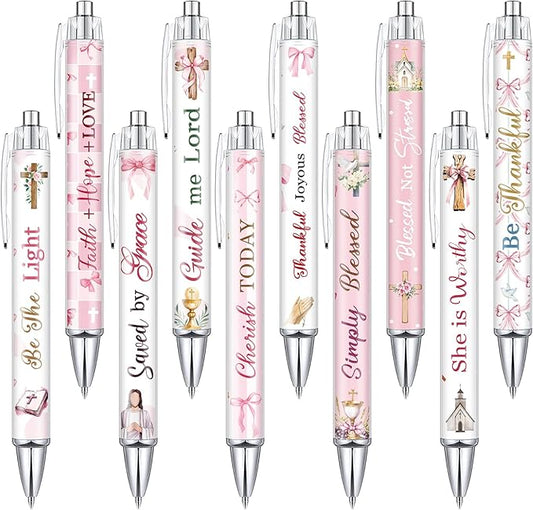 Tinlade 10 Pcs Christian Pens for Women Religious Ink Pens Easter Gifts Inspirational Quotes Bible Verse Ballpoint Funny Office Supplies for Women Men Coworker (Pink Bow)