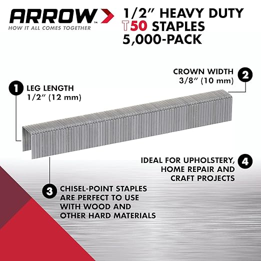 Arrow 508IP Heavy Duty T50 1/2-Inch Staples for Upholstery, Construction, Furniture, Crafts, 5000-Pack