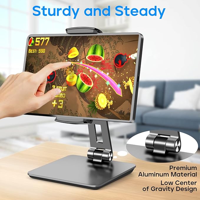 ROADOM Tablet Stand, Adjustable 360° Swivel Bracket, 180° Tiltable Clamp,Foldable Tablet Holder for 4.7-17.3'' iPhone/iPad/Tablet/Portable Monitor, Aluminum Alloy, Black