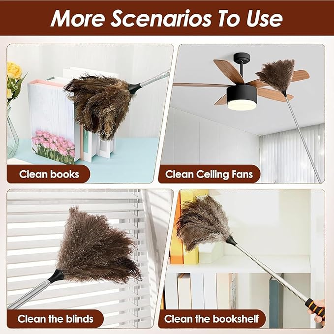 Duster with Extension Pole - 61-Inch Soft Feathers Dusting Mop, Anti-Static Washable Duster | Long Reach Cleaning Tool for Vents, Blinds, Baseboards, Fans, RV, Car, Outdoor Pet Hair Remova