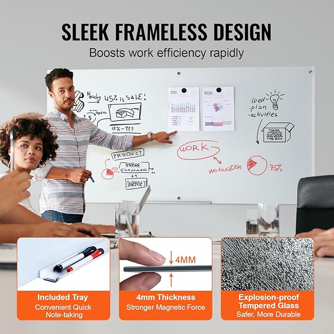 VEVOR Magnetic Glass Writing Board, Erasable 72"x36" Surface, Frameless Wall Installation, Includes Marker Holder, a Cleaning Tool, and 2 Writing Pens, White