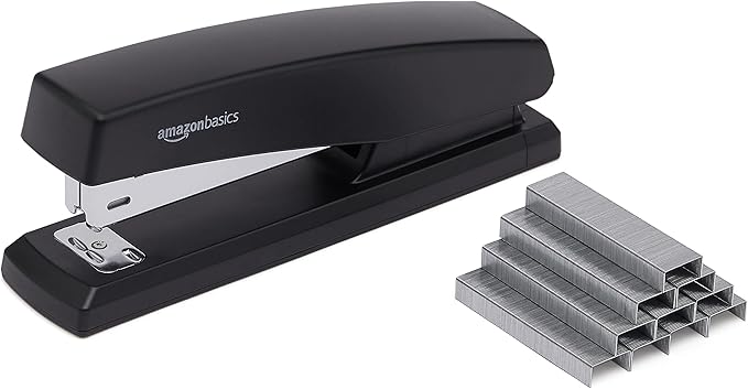 Amazon Basics Desktop Office Stapler, Lightweight, 25 Sheet Capacity, Non-Slip, Black, 3-Pack with 1000 Staples