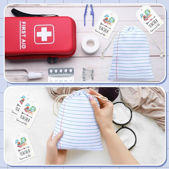 Sweetude 24 Set Teacher Supplies Survival Kit Gifts Bags Kit Social Work Month Back to School Notebook Teacher Appreciation Drawstring Bags with Tags Thank You Survival Canvas Makeup Pouch
