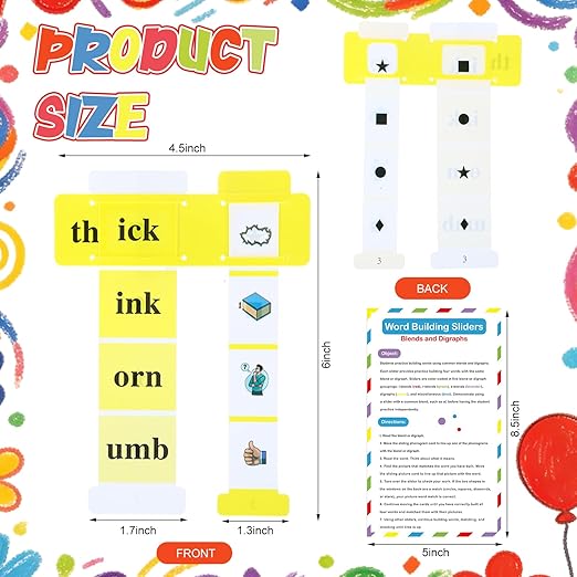 27 Pcs Word Vocabulary Building Sliders with Instruction Card Consonant Blends and Digraphs Phonics Manipulatives Along with VCV Teaching Colorful ELA Learning Essentials to Build Sentences