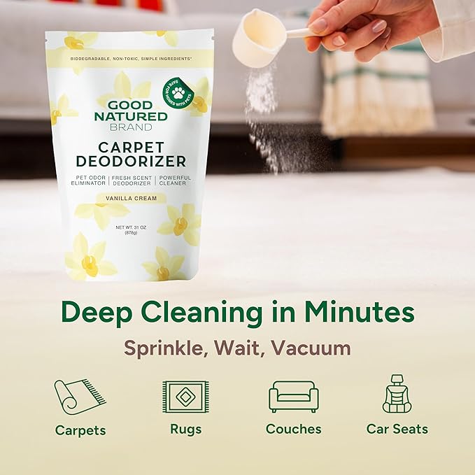 Good Natured Brand | Carpet Deodorizer & Freshener Powder | 31 oz Pet Odor Eliminator for Strong Odor & Pet Urine | Fresh Natural Vanilla Cream Scent | Safe for Homes with Pets