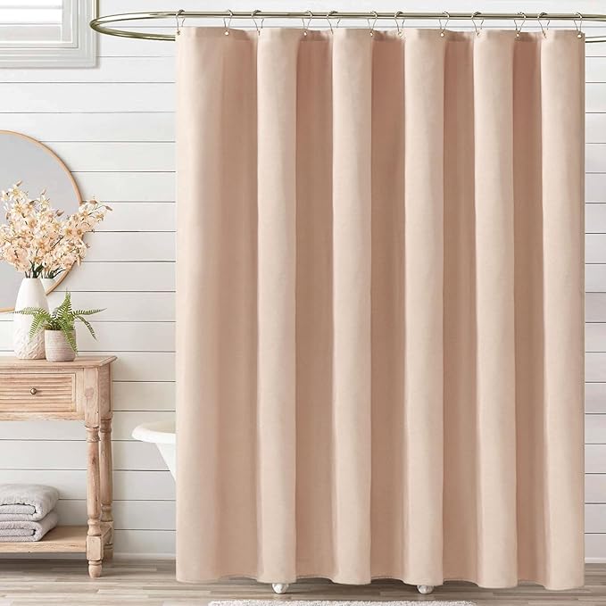 BTTN Fabric Shower Curtain, Linen Textured Heavy Duty Polyester Cloth Shower Curtain Set with Plastic Hooks, Blush, 72x84