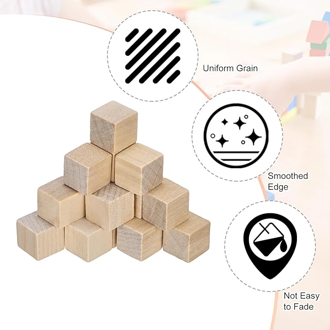 50-Pack DIY Wooden Cube, 0.4 Inch(1 Cm) Colored Natural Wood Blocks for Crafts Making Puzzle Games/Wedding/Home Decor/Dice/Building, Square Blank Block [Natural Tone]