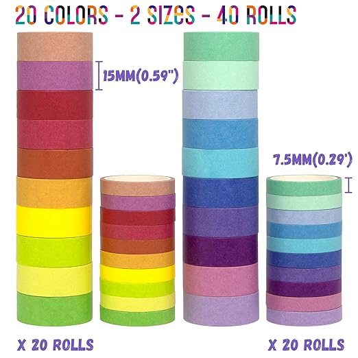 WAPETASHI Washi Tape Set - 40 Rolls, 2 Sizes Rainbow Decorative Tape for Journaling & Scrapbooking