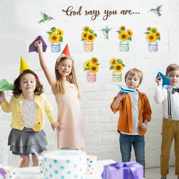 Outus 28 Pcs Sunflower Bulletin Board Set Spring Religious Bulletin Board Decorations Inspired Christian Flower Cutouts Hummingbird God Says You are Wall Art for School Classroom Teacher Kids