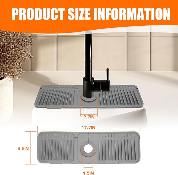 17.7" Dark-Gray Silicone Faucet Mat with Button Style Design – Longer Drip Catcher Tray & Sink Splash Guard, 6° Slope Behind Faucet Mat | Easy Kitchen & Bathroom Sink Protector