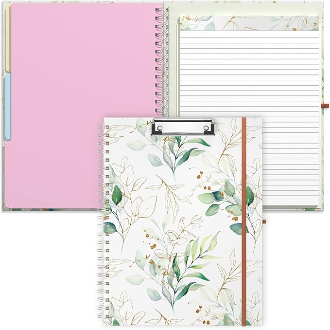 Rimilak Spiral Clipboard Folio with Refillable Lined Notepad, 14.5 x 9.8 In, Hardcover Cover with 5 Interior Pockets, Elastic Band and Pen Loop Series. Cute Stylish Clipfolio, Bohe Leaves