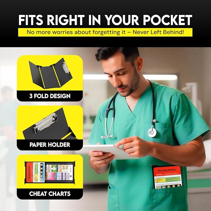 Nursing Clipboard Foldable with Medical Edition Cheat Sheets, 3 Layers Aluminum Foldable Clipboard for Nursing, Notepad for Students, Nursing School Essentials (Black)