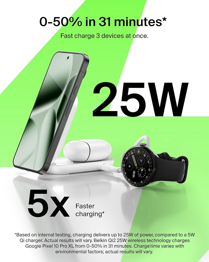 Belkin MagSafe Charger Compatible, 2-in-1 Charging Station, Qi2.2 25W Magnetic Wireless Charger Dock, Foldable Stand, with 5W USB-C Port, for iPhone 17/16/15, Pixel 10, AirPods (45W Adapter Included)