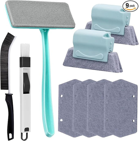 Window Screen Cleaner & Track Cleaning Kit - Detachable Window Cleaner, Mesh Screen Cleaning Brush + 2 Groove Brushes & 6 Replacement Cleaning Cloths, Tool with Wet and Dry Dual - Use