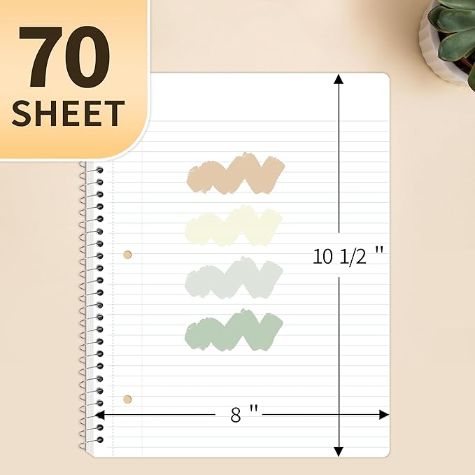 SUNEE Spiral Notebooks College Ruled, 1-Subject, 4 Pack, 8 x 10-1/2 inch, 70 Sheets per Notebook, 3-Hole Punched Paper, Green, Grey, Beige, Red for Work, Home & School, Writing Journal