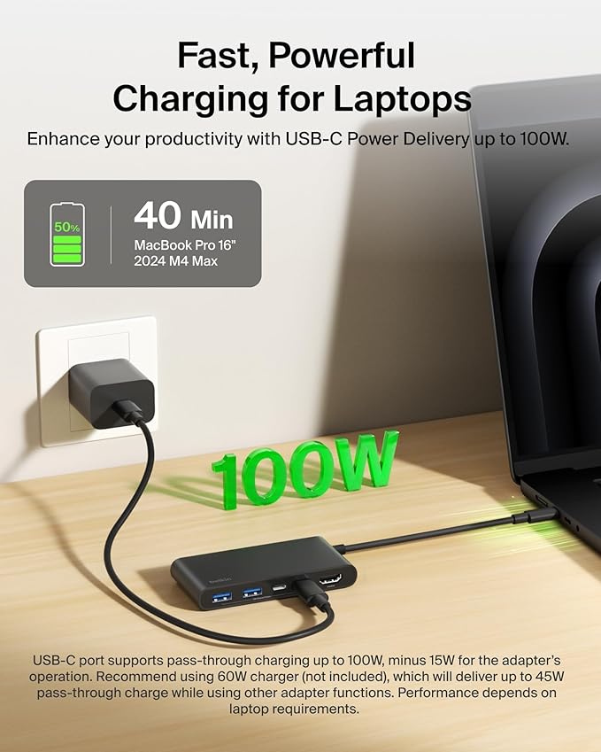Belkin USB C Hub, 5-Port Hub w/ 4K HDMI Display @ 60Hz, 100W Power Delivery, Fast Data Transfer 5Gbps, USB C Multiport Adapter for MacBook, iPad Pro, Chromebook, & More - Upgraded HDMI 2.0