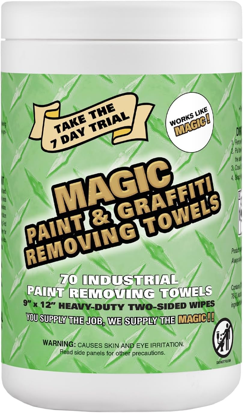 Magic Heavy Duty Paint & Graffiti Removing Wipes - Dual Sided Industrial Cleaning Towels | Waterless | Removes Adhesive, Ink, Marker, Spray Paint, Tar, Decals & more (1 Pack | 70 Sheets Total)