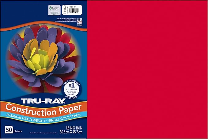 Tru-Ray® Construction Paper, 50% Recycled, 12" x 18", Festive Red, Pack Of 50
