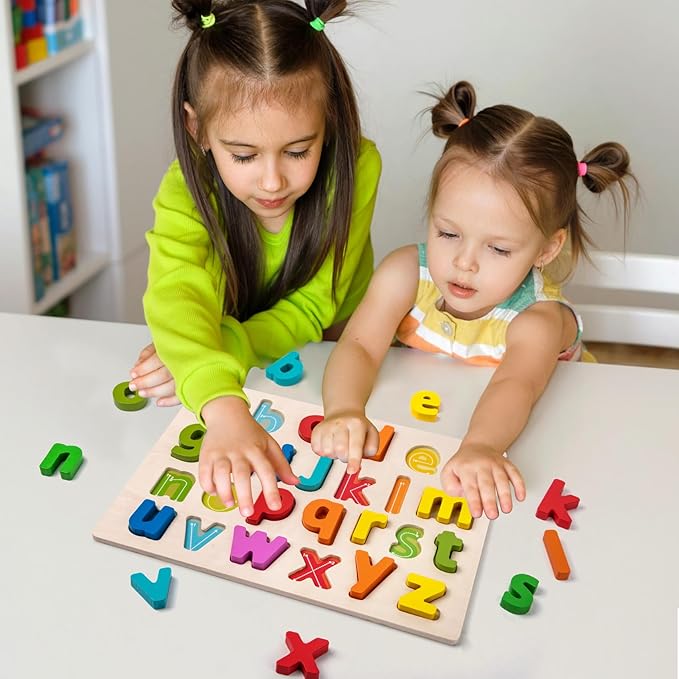 Alphabet Puzzle Wooden Puzzles for Toddlers, ABC Puzzle Shape Alphabet Learning Puzzles Toys with Puzzle Board & Letter Blocks for Preschool Girls Boys Lowercase Letter Puzzle