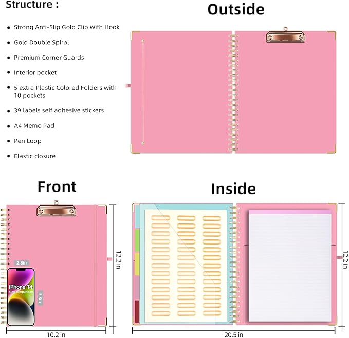 Ospelelf Clipboard with Storage 8.5 X 11，Padfolio Organizer, Spiral Portfolio Letter Size with Notepad, Pen Holder, 5 Extra Folder Divider Pages, Elastic Closure Nurse Office Essentials (Pink)