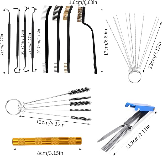 Carburetor Cleaning Kit Torch Tip Cleaner, Includes 3 Double-Ended Brushes 1 Single Head Brush 23 Needles 5 Nylon Brushes 1 Scraper & 4 Cleaning Hooks Tool for Motorcycle ATV Mower Small Engine