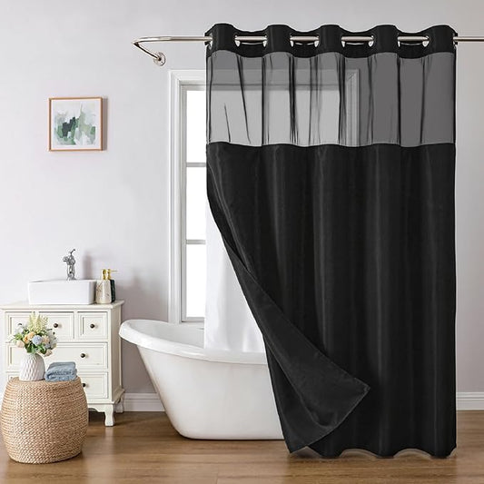 No Hooks Needed Linen Textured Shower Curtain with Snap-in Fabric Liner Set,Black Hotel Luxury Decor Shower Curtains for Bathroom with Mesh Top Window,Waterproof & Washable,71Wx74H