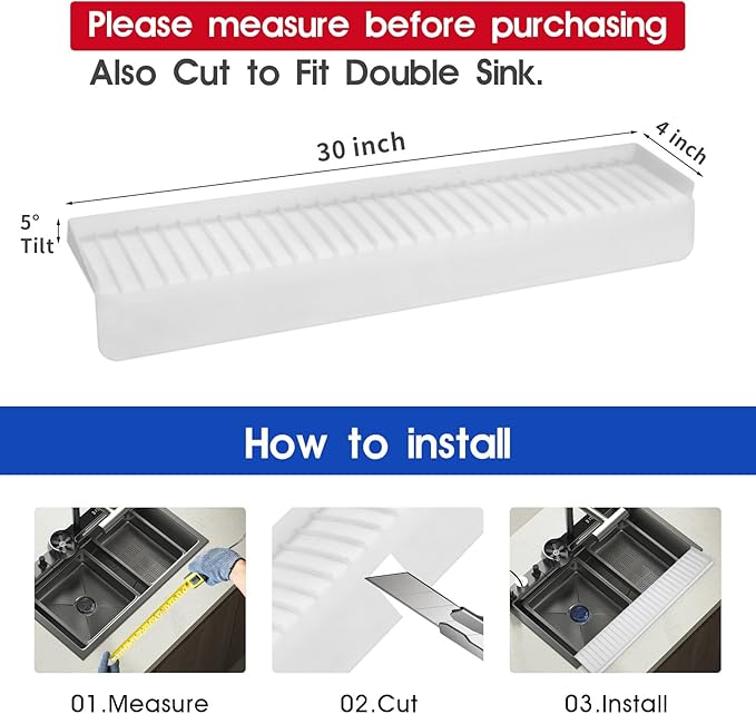 30"x4" Silicone Sink Edge Protector - Splash Guard with Suction Cups & 5° Tilt, Cuttable Edge Guard for Kitchen Sink, Bathroom,Granite & Quartz Countertops(White)