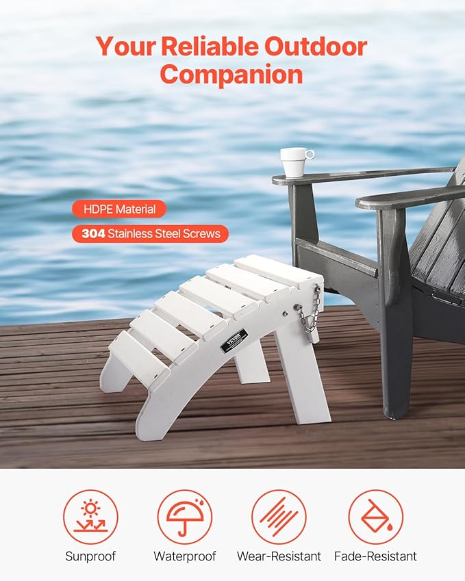 VEVOR Adirondack Ottoman, 17.7L x 19.7W x 13.8H Inch HDPE Plastic Folding Adirondack Ottoman, Weather-Resistant Foot Rest for Adirondack Chair, Widely Used for Outside Porch Pool Lawn Backyard, White